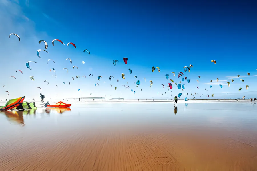 Kitesurfers on the wide beach of Essaouira, day 12 of the 14-Day Morocco Tour from Casablanca: Morocco at Leisure