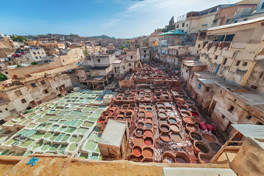 The dye pits of the Chouara tannery in the Fes medina, day 5 of the 14-Day Morocco Tour from Casablanca: Morocco at Leisure
