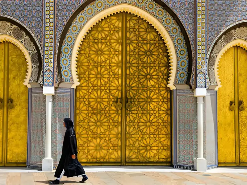 Golden brass doors and zellige arches of the Royal Palace gates in Fes, Morocco